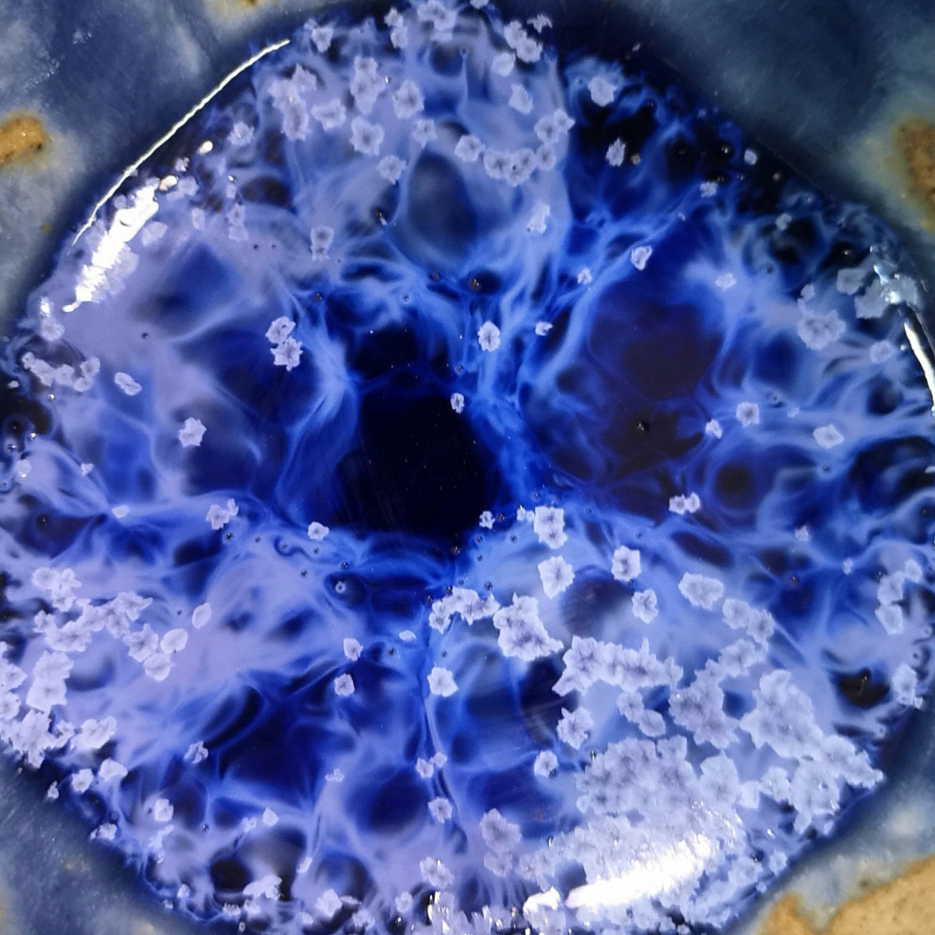 Blue glaze with crystals. Developed by Box O Fun founder, Layla.