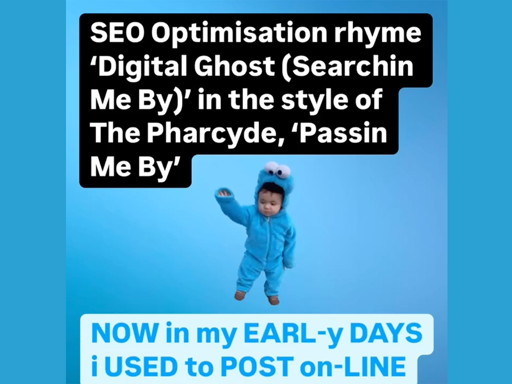 A boy in a blue Cookie Monster suit stands with the title 'SEO Optimisation rhyme: Digital Ghost (Searchin Me By)' above.