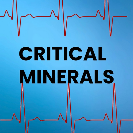 Bold black text 'CRITICAL MINERALS' on blue background, with two red heartbeat-like lines behind, symbolising the vital pulse of industrial and tech supply chains.